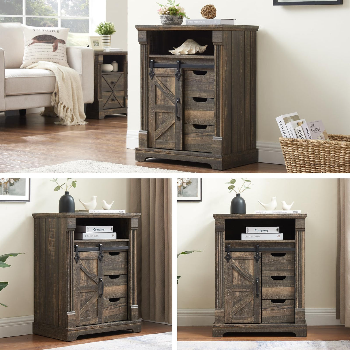 Minifeel Bathroom Floor Cabinet, Farmhouse Storage Cabinet with Sliding Barn Door, Small Storage Cabinet with Drawer for Bathroom, Kitchen, Living Room, Rustic Style Cabinet (Dark Rustic Oak) Minifeel