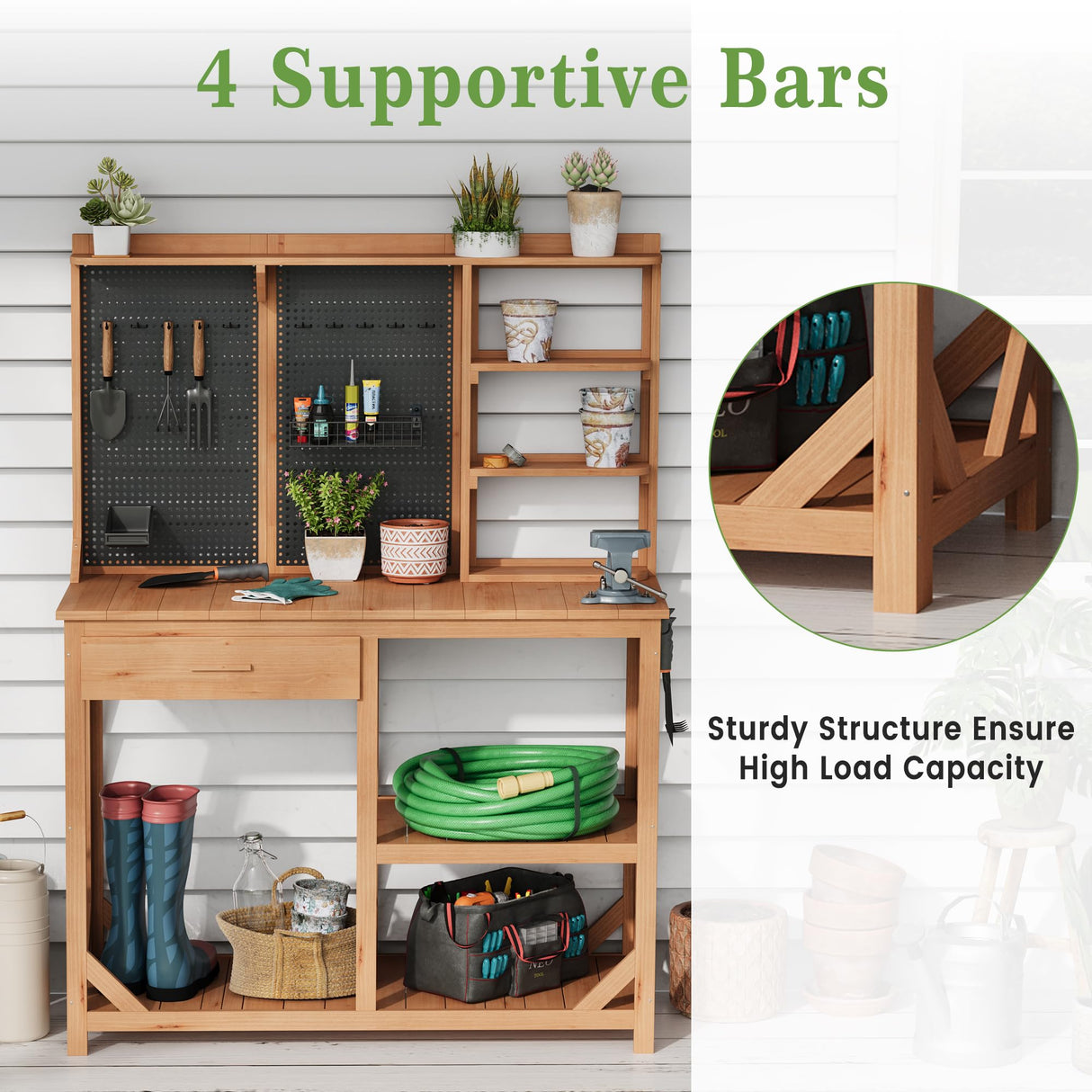 Wooden Potting Benches for Outside, Large Garden Potting Table with Drawers, Outdoor Work Bench with Storage, Holey Board and Hooks, Garden Plant Workbench Patio Workstation for Backyard, Natural Hipicute
