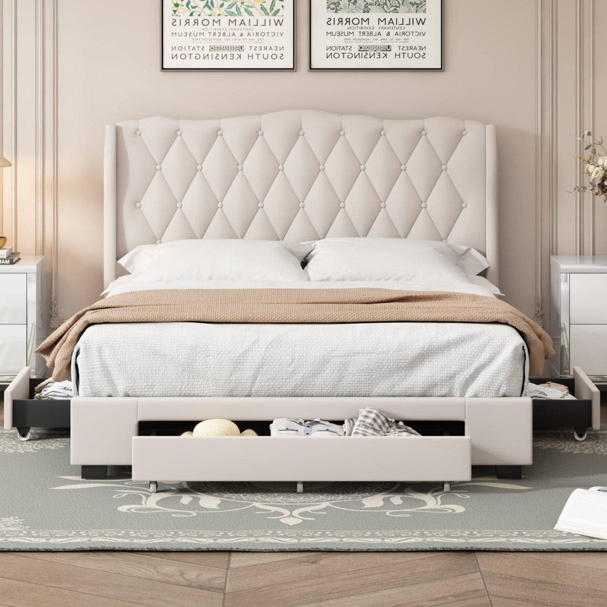 Flieks Queen Size Upholstered Bedroom Set with Storage Drawers and Mirrored Nightstands in Beige Flieks
