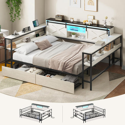 Hasuit Full Corner Bed with Drawers and Bookcase Storage Shelves, Full Daybed with Charging Station & LED Light, Farmhouse Wooden Bed Frame with Sliding Barn Doors, No Box Spring Needed, Black & White