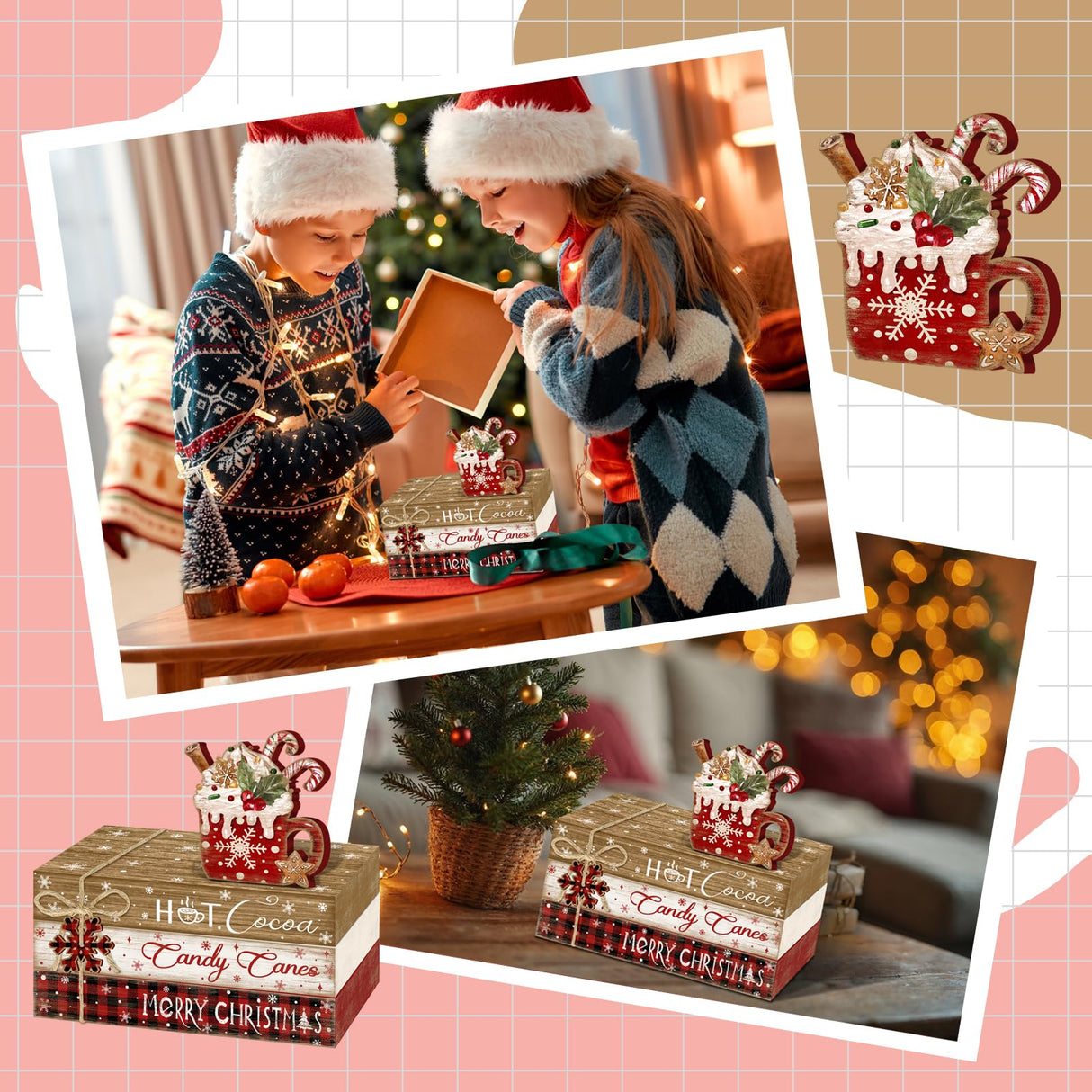 Culudea 4Pcs Christmas Hot Cocoa Table Decoration Farmhouse Holiday Tiered Tray Decor Rustic Merry Christmas Wooden Faux Book Stack Sign Winter Table Centerpiece for Home Office Shelf Mantel Decor Culudea