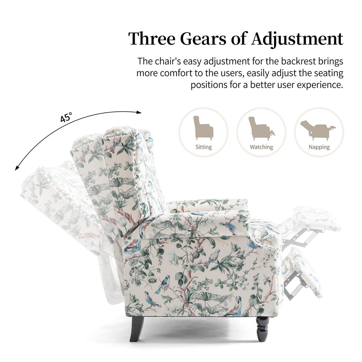 Wingback Recliner Chair, Floral Fabric Pushback Recliner Chair, Upholstered Armchair Push Back Recliner, Rivet Trim Single Sofa Accent Chair with Wood Legs for Living Room, Bird Lumibee
