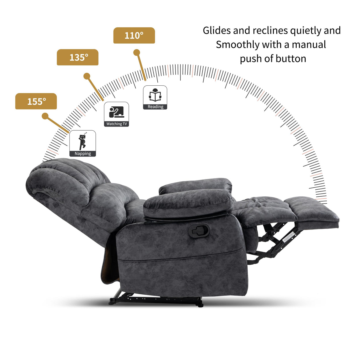 Luxlen Large Manual Recliner Chair,Soft Fabric Push Back Recliner with Overstuffed Armrest and Backrest, Living Room Single Sofa Recliners,Grey Luxlen