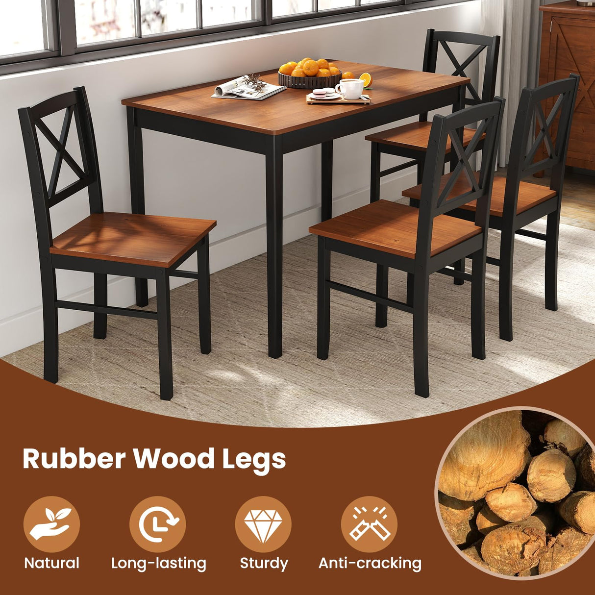 Tangkula 5-Piece Mid-Century Modern Dining Table Set for 4, Wooden Kitchen Table and Chairs, Compact Rubber Wood Dining Room Set for Small Spaces, Kitchen & Living Room Tangkula