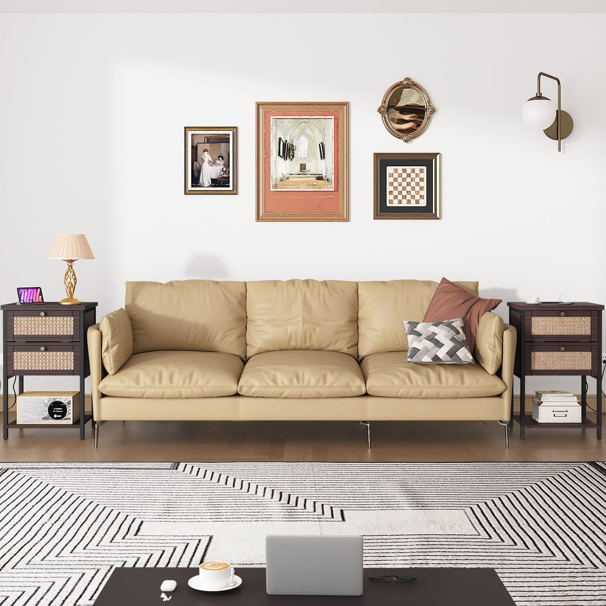 End Table with Charging Station, 2 Tier Rattan Decorated Nightstand with USB Ports and Outlets, Bedside Table with Drawer, Modern Sofa Side Table for Bedroom, Living Room, Office, Cherry Red NONGSHIM