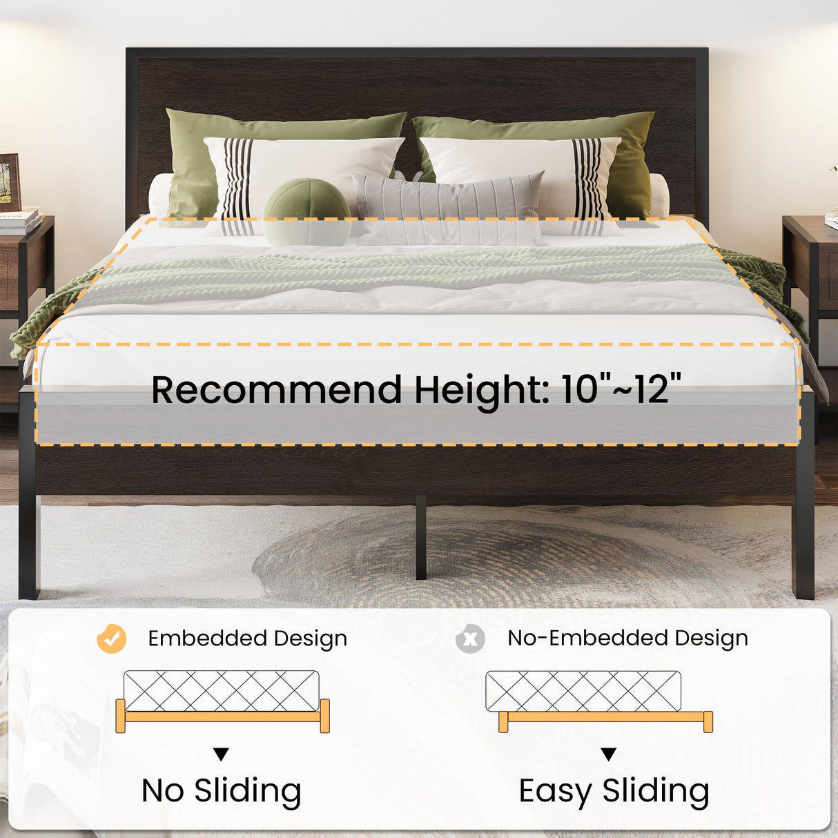 SHA CERLIN Heavy Duty Queen Bed Frame with Headboard and Under-Bed Storage - Black Oak SHA CERLIN