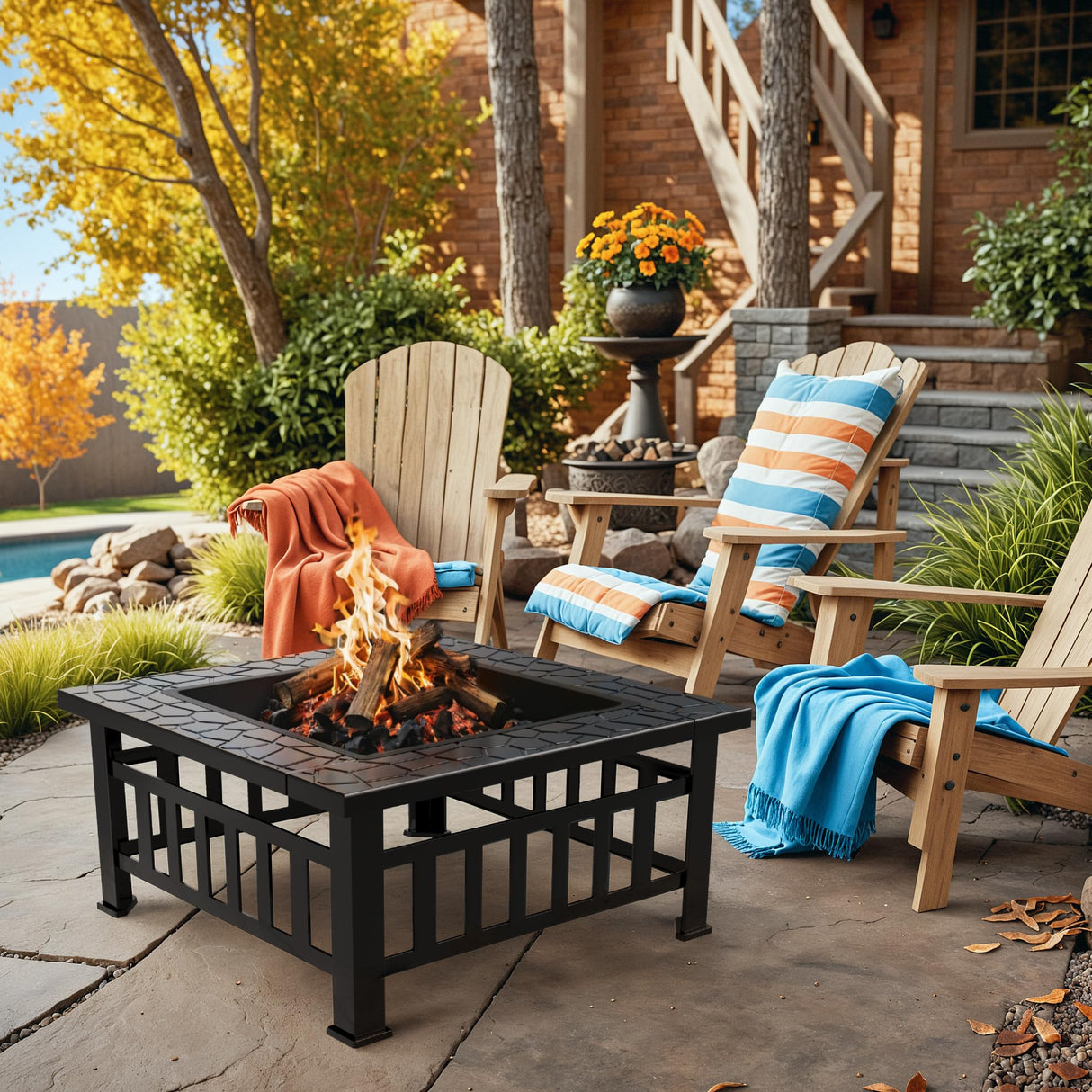 Greesum Multifunctional Patio Fire Pit Table, 32in Square Metal BBQ Firepit Stove Backyard Garden Fireplace with Spark Screen Lid and Rain Cover for Camping, Outdoor Heating, Bonfire and Picnic, Black Greesum