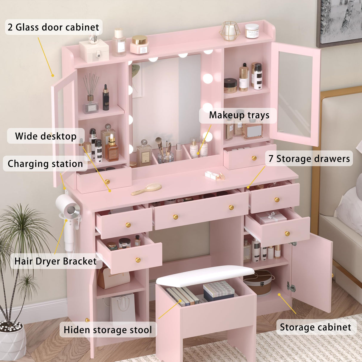 Wodeer Vanity Desk with Lighted Mirror & Power Strip,Makeup Vanity Table with RGB LED Lights & Chair,White Dressing Table Set with 7 Drawers & 2 Cabinet for Girls Women Bedroom & Dressing Room,Pink Wodeer