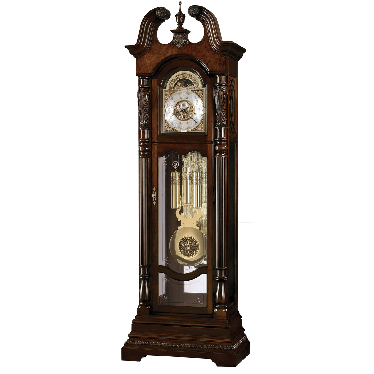 Howard Miller Sycara II Floor Clock, Arabic Numerals with Wood Finish with Triple-Chime Movement, Swan-Neck Pediment Illuminated Ambassador Timepiece Home Decor for Bedroom & Living Room Howard Miller