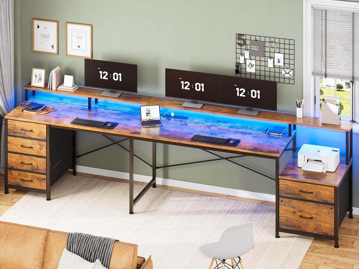 SEDETA L Shaped Desk with 6 Drawer, 108" Home Office Desk with File Drawer & Power Outlet, Corner Computer Desk with Monitor Shelf, Two Person Desk, Gaming Desk with Led Lights, Rustic Brown SEDETA