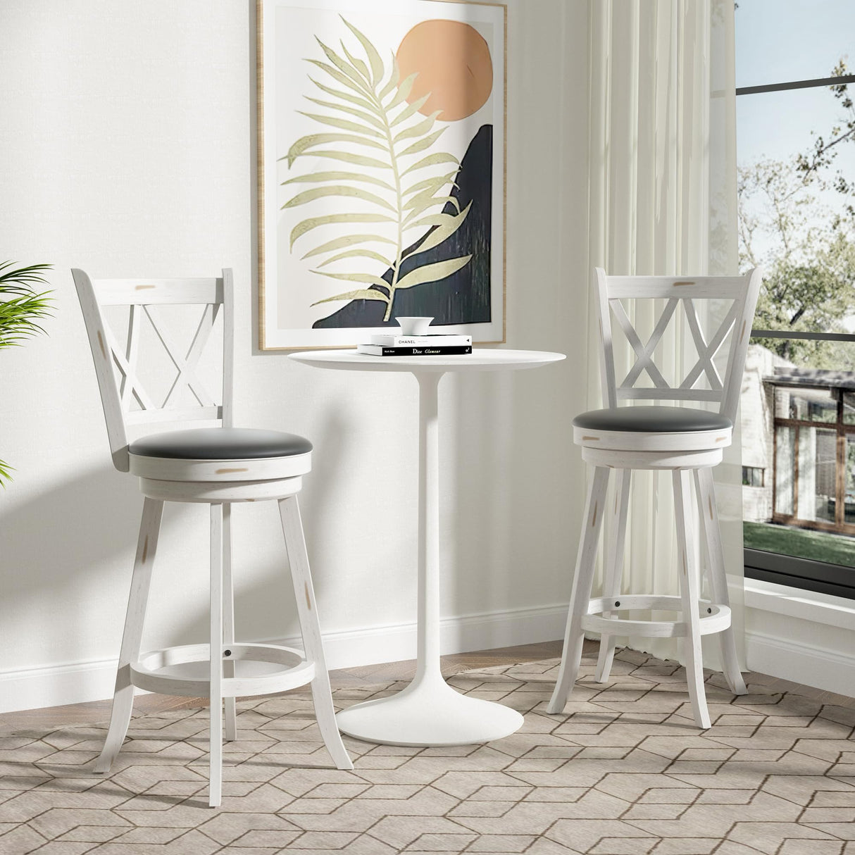 Betterhood 29" Bar Height Swivel Stools - High Back Swivel Barstools with Upholstered Seat & Solid Wood Footrest, Counter Bar Chairs for Kitchen Island & Pub (White, Set of 2) Betterhood