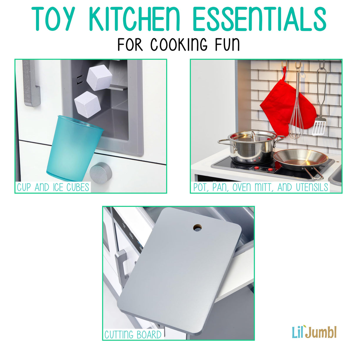 Lil' Jumbl Jumbl Kids Kitchen Set, Pretend Wooden Play Kitchen, Includes Range Hood, Microwave, Stove Top, Oven That Make Realistic Sound & Light, Pots, Pan, Cutting Board & Utensils Included, Lil' Jumbl
