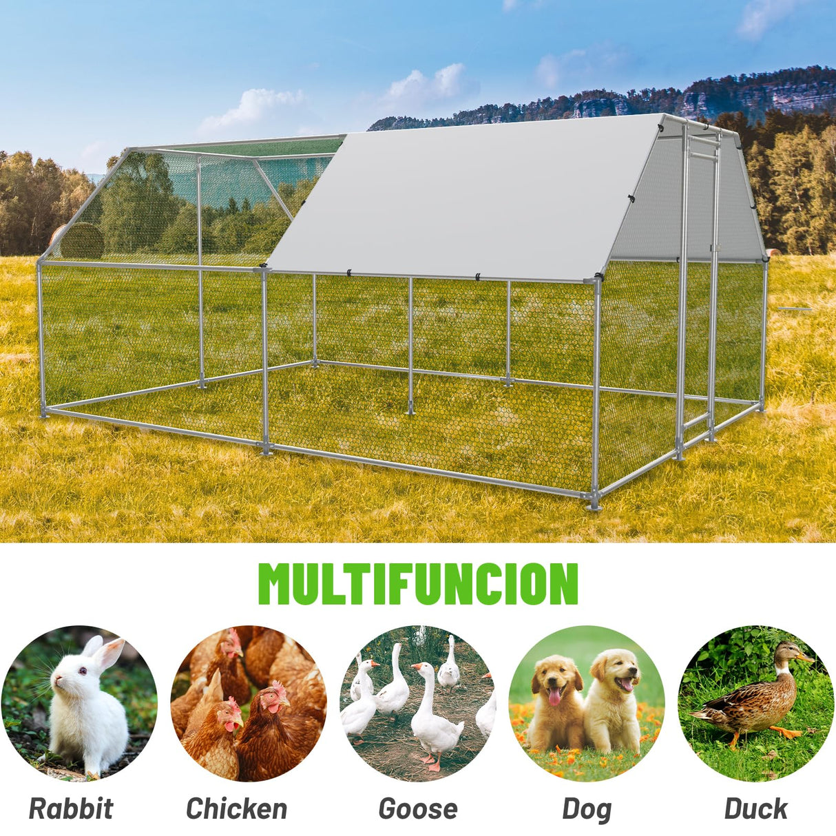 NUGRIART Large Metal Chicken Coop Walk-in Poultry Cage with Water-Resident and Anti-UV Cover Duck Rabbit Cat House Outdoor Chicken Run Pen with Flat Roof Cage NUGRIART