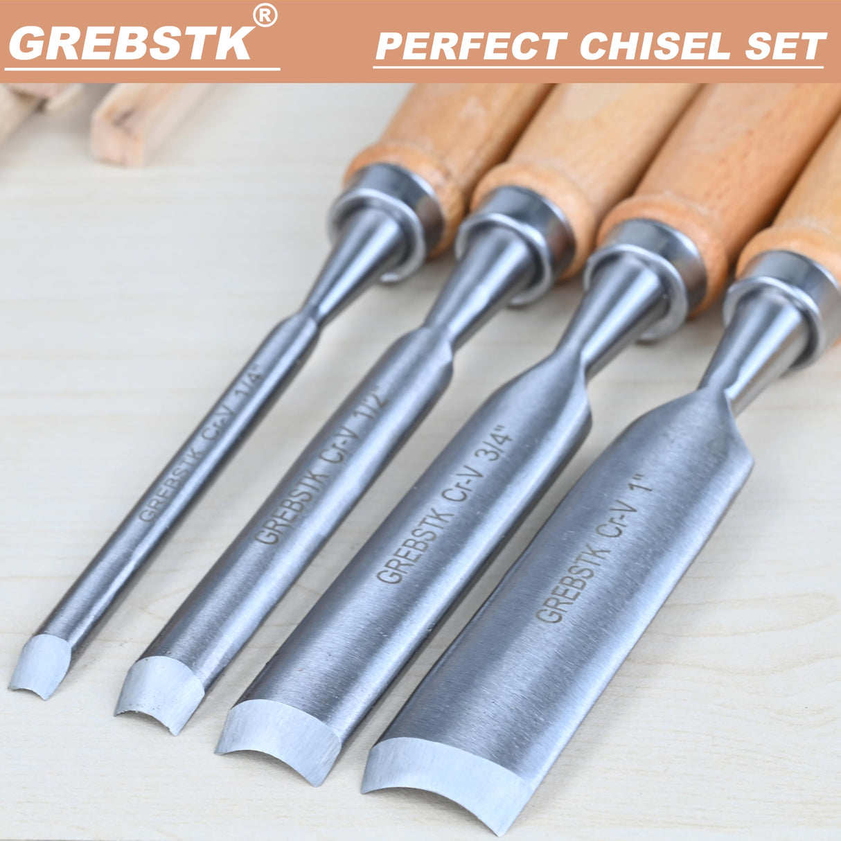 GREBSTK 4pcs Semicircle Chisel Set Carpenter Gouge Chrome Vanadium Steel Semi-Circular Cr-V Woodworking Carving Chisel GREBSTK
