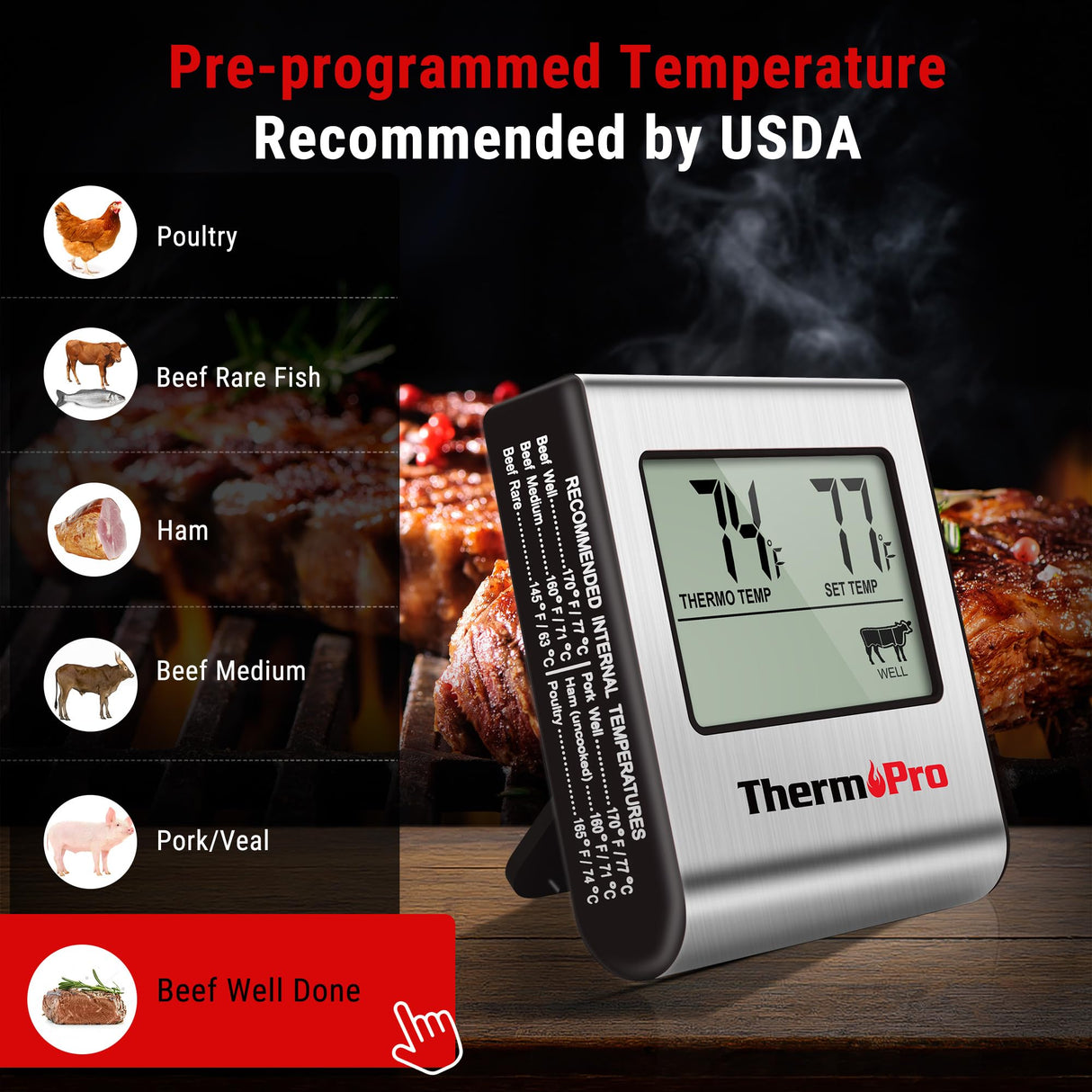 ThermoPro TP16 Large LCD Digital Cooking Food Meat Thermometer for Smoker Oven Kitchen BBQ Grill Thermometer Clock Timer with Stainless Steel Temperature Probe ThermoPro