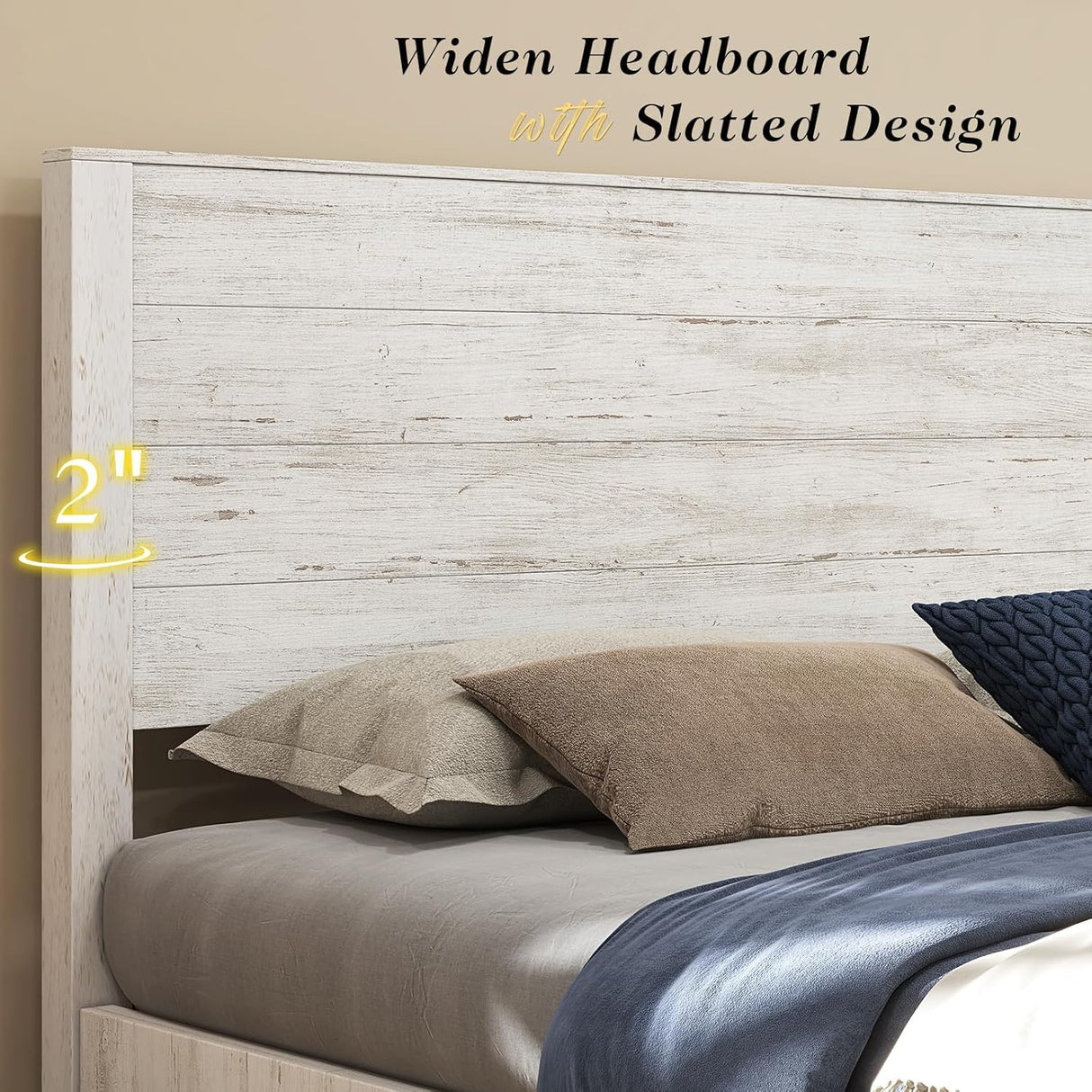 YUMPIE 51.2" H Wood Bed Frame with Headboard, King Platform Bed Frame with Wooden Slat Support, No Box Spring Needed/Easy Assembly, Rustic Pine, Distressed White YUMPIE