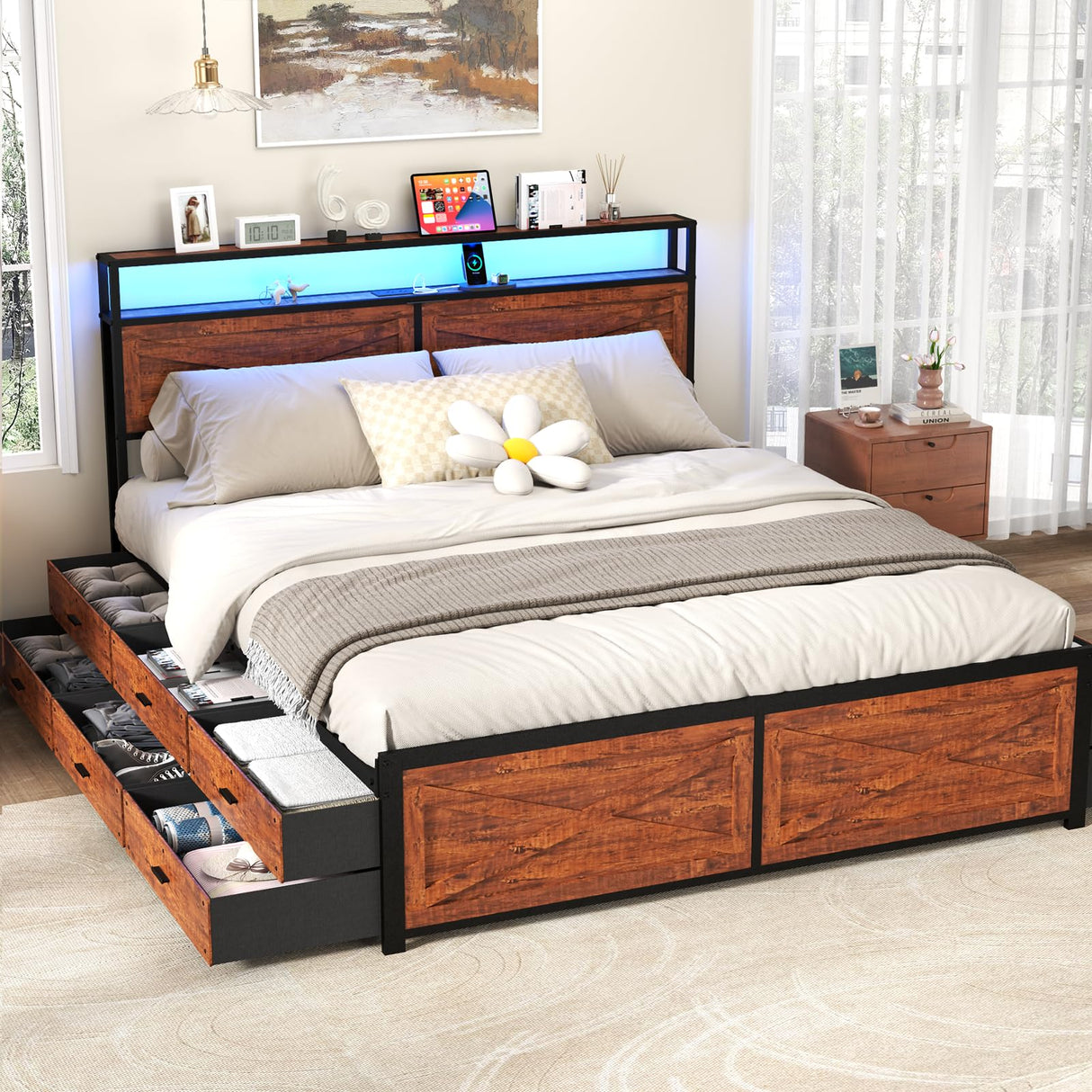Kiivakii King Size Bed Frame with 12 Storage Drawers, LED Headboard with Charging Station, Metal Bed Frames, No Box Spring Needed, Noise Free, Stable and Solid, Red Brown Kiivakii