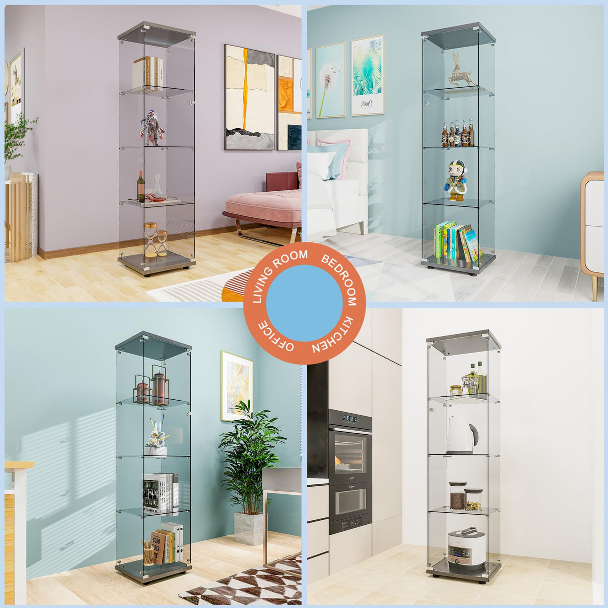 FANYUSHOW Tempered Glass Display Cabinet 4-Shelf Curio Cabinet with Security Lock 5mm Display Shelf Showcase for Living Room/Bedroom/Office- Black 64.7" H x 16.7" L x 14.37" W FANYUSHOW