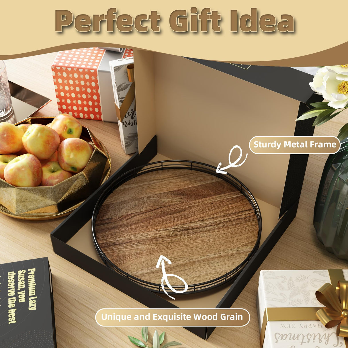 Acacia Wood 13" Lazy Susan Turntable Organizer for Table Top, Farmhouse Round Wooden Lazy Susan for Cabinet Kitchen Centerpieces Coffee Table, for Condiments Spices, Bathroom Vanity Tray Decor HGF