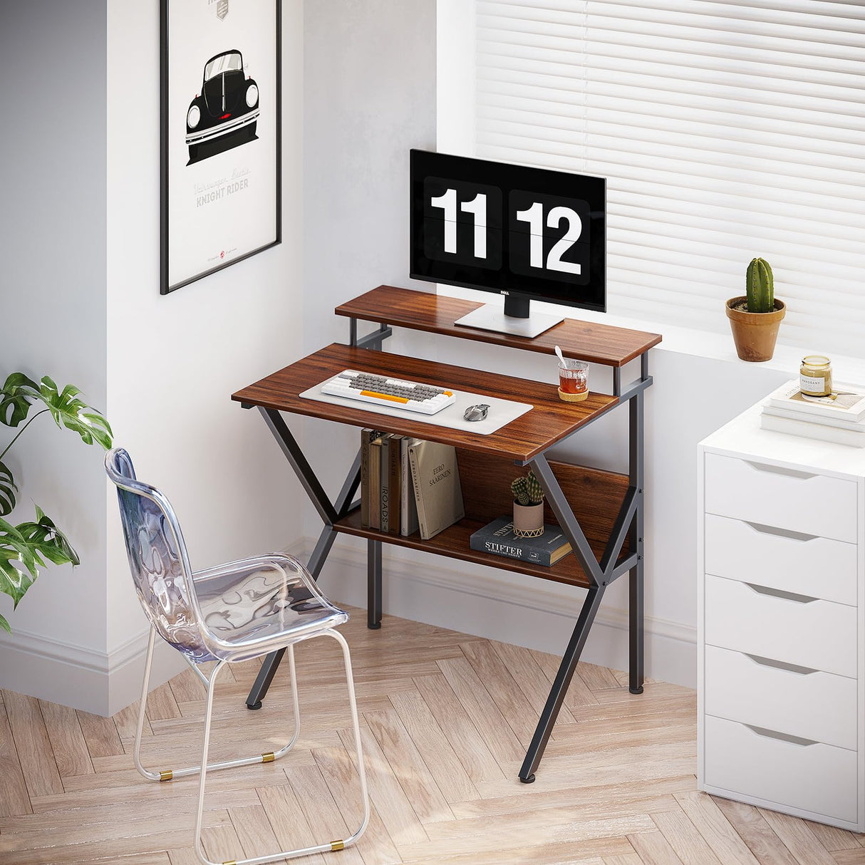 ODK Small Desk, 27.5 Inch Small Computer Desk for Small Spaces, Compact Desk with Storage, Tiny Desk Study Desk with Monitor Stand for Home Office, Espresso ODK