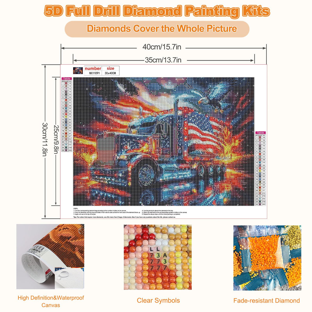 CEOVR Truck Diamond Art Kits for Adults, American Flag Eagle Diamond Painting Dots 5D Full Drill DIY Gem Art for Beginner, Adult Crafts Kits Arts and Crafts, Wall Decor for Home Office 12x16in CEOVR