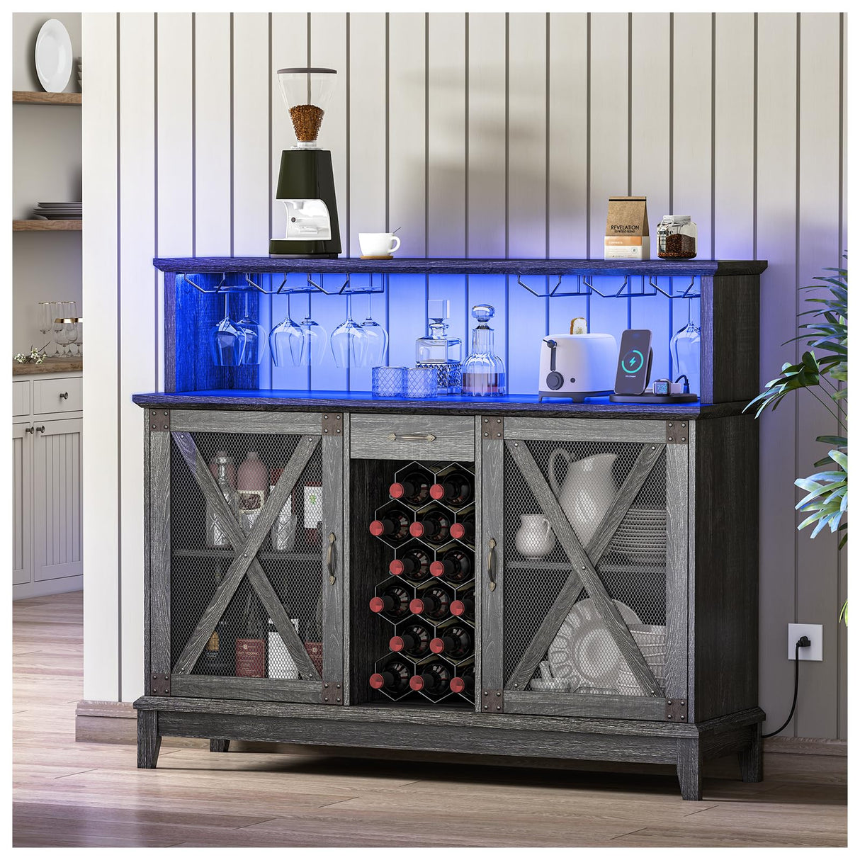 Wine Cabinet, Coffee Bar Cabinet with Storage, 54" Liquor Cabinet Bar for Home, Wine Bar Cabinet with Glass Rack, Drawer and LED Lights, Farmhouse Buffet Sideboard for Dining Room, Kitchen, Grey JOINICE