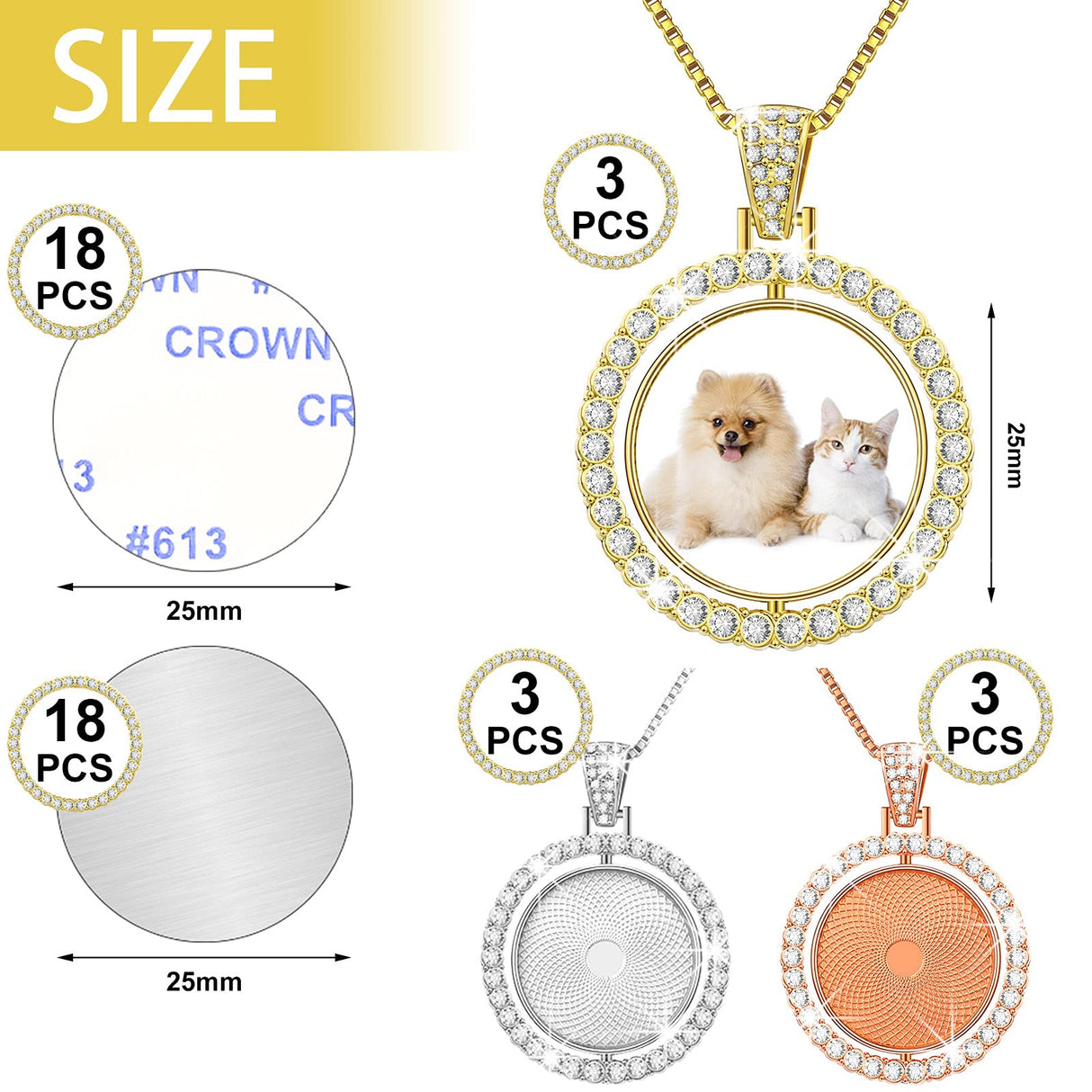 54 Pieces Rhinestone Bezel Pendant Trays Set Includes 9 Pieces Round Rhinestone Bezel Trays Double sided Blank Pendant Charm,9 Pieces Thick Chains with 18 Pieces Sublimation Aluminum Sheets and Glue MTLEE