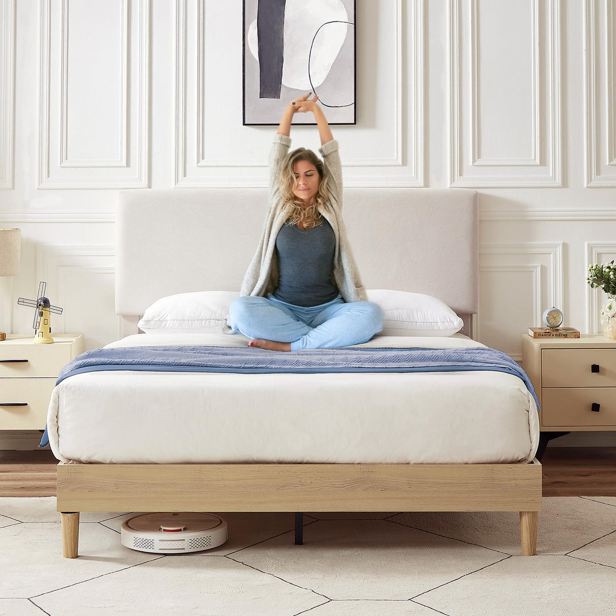 VECELO Adjustable Beige Upholstered Queen Bed Frame with Heavy-Duty Slats and Noise-Free Design VECELO