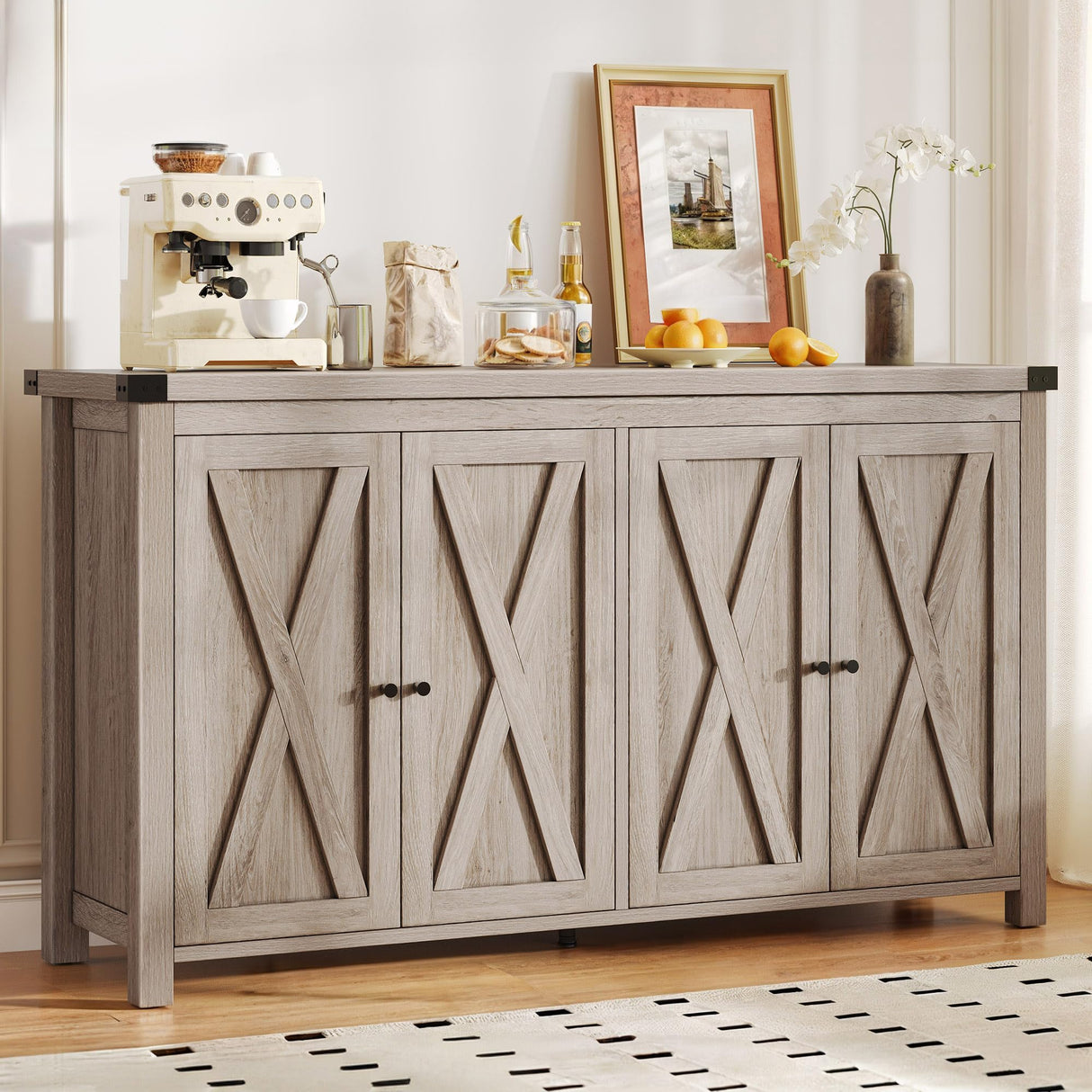 DWVO 55'' Sideboard Buffet Cabinet with Storage, Farmhouse Kitchen Storage Cabinet with Doors, Large Coffee Bar Cabinets with Adjustable Shelves for Kitchen, Living Room, Grey DWVO