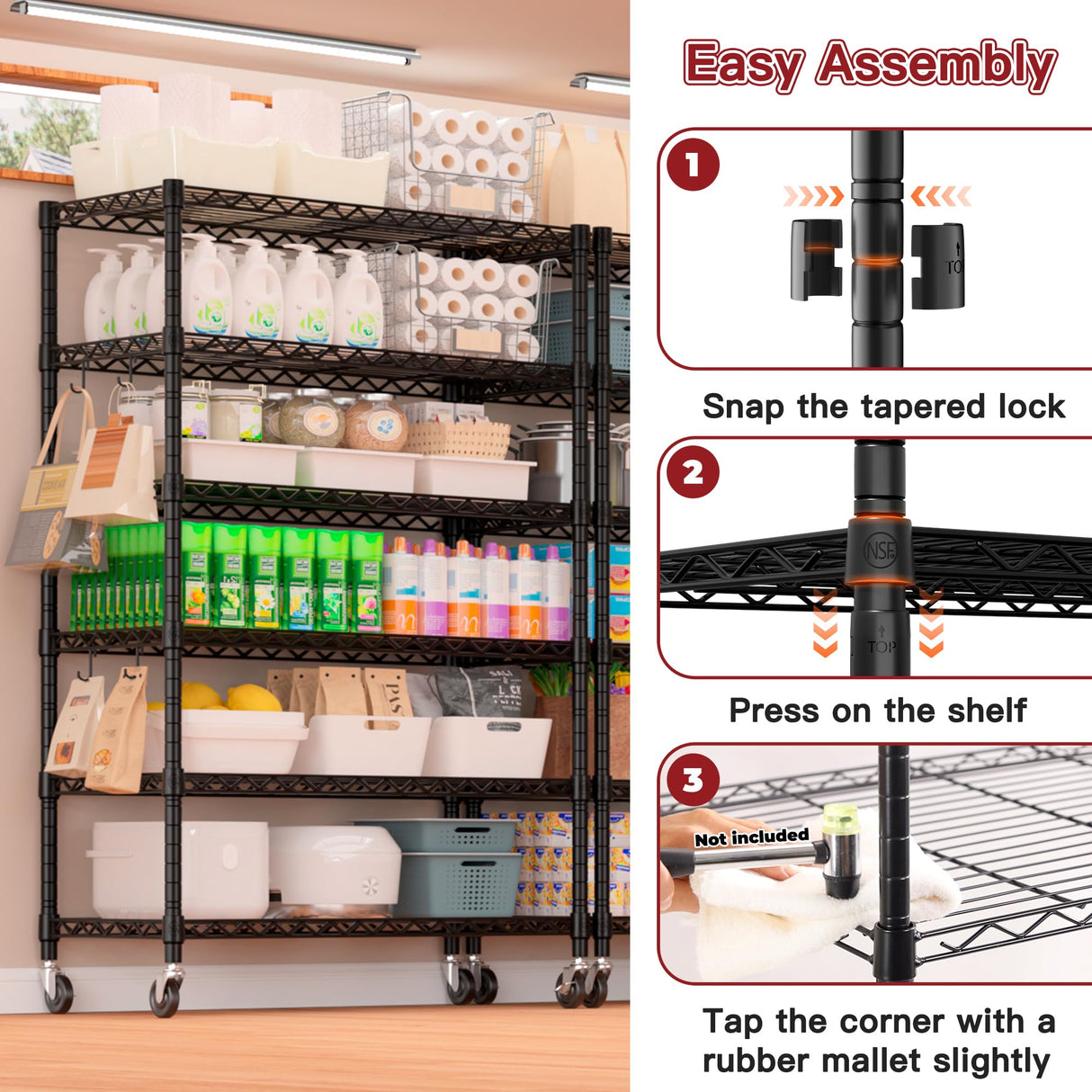 PrimeZone 6 Tier Wire Shelving with Wheels 78''H 1500lbs Storage Shelves NSF Certified Heavy Duty Steel Metal Shelf Adjustable Rolling Rack Kitchen Garage Closet Pantry Laundry 78''HX36''WX18''D PrimeZone