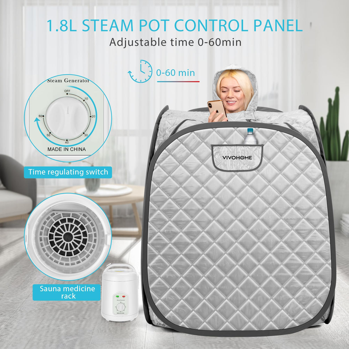 VIVOHOME Portable Personal Steam Sauna Spa with 1.8L 800 Watt Steam Generator, Foldable Chair, Home Sauna Spa Tent for Detox Relaxation, Silver Gray VIVOHOME