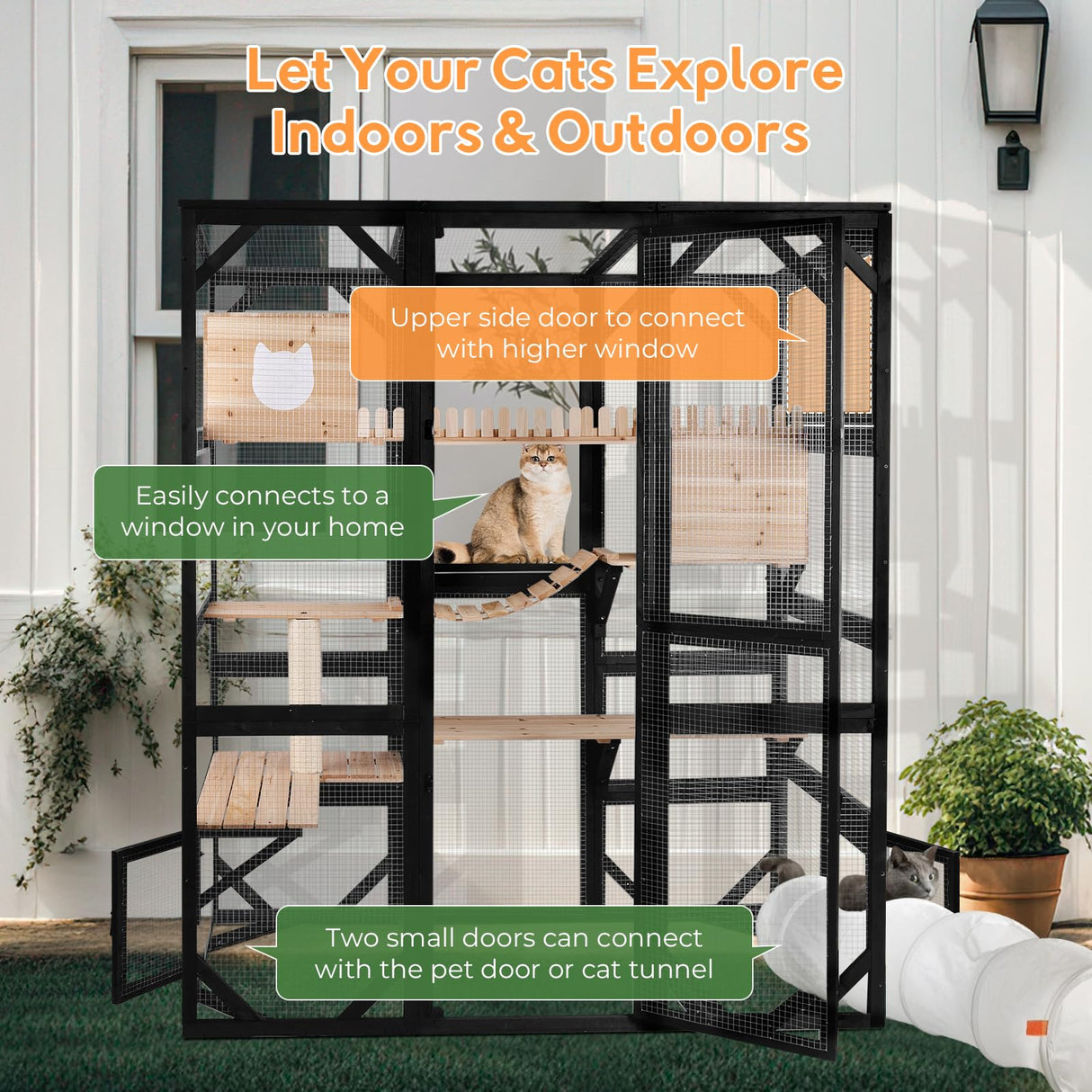 Nicedday Large Cat Catio Outdoor Window Enclosure 73" Wooden Cat House Attached to Window Catio for Cats Walk in Kitty Kennel with Large Enter Door 2 Napping Houses nicedday