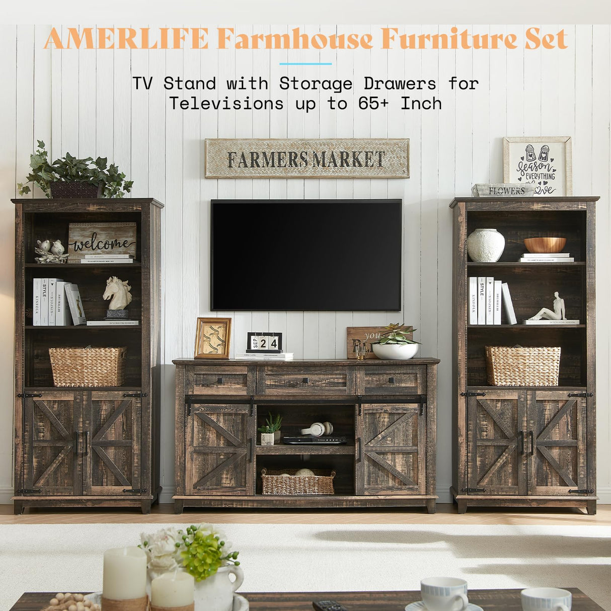 AMERLIFE Farmhouse TV Stand for Televisions up to 65 Inchs, Entertainment Center with Sliding Barn Doors and Storage Drawers, 59" TV Stand with Cabinets, Rustic Oak Black AMERLIFE