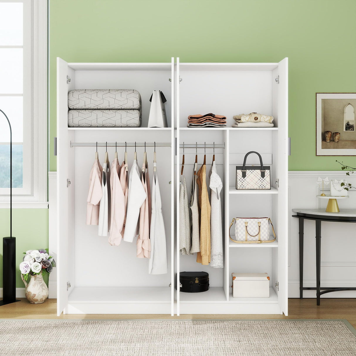 Panana Large Wardrobe Closet with Storage Shelves, 4 Door Armoires Wardrobe with 5 Shelves and 2 Hanging Rails for Bedroom Panana