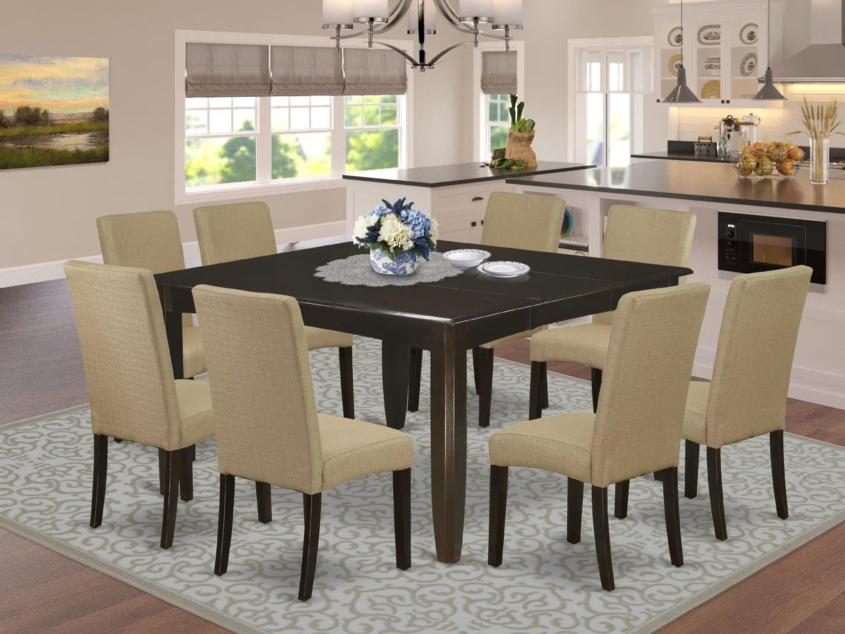 East West Furniture PFDR9-CAP-03 9 Piece Dining Set Includes a Square Dining Room Table with Butterfly Leaf and 8 Brown Linen Fabric Upholstered Parson Chairs, 54x54 Inch, Cappuccino East West Furniture