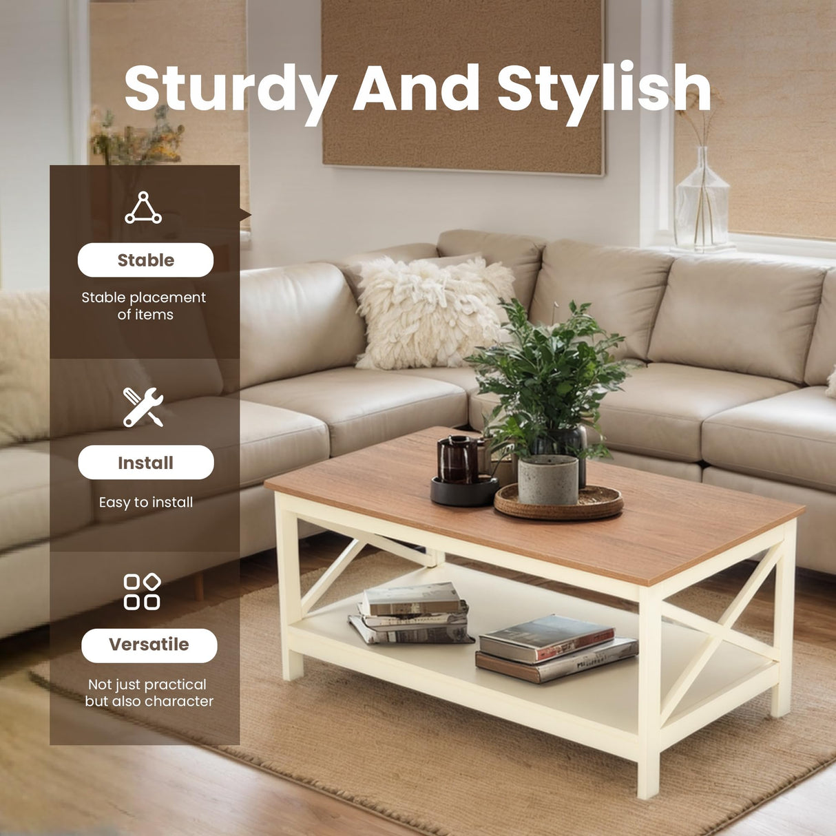 PHI VILLA Farmhouse Coffee Table for Living Room, White Coffee Tables with Storage Rustic Style Modern PHI VILLA