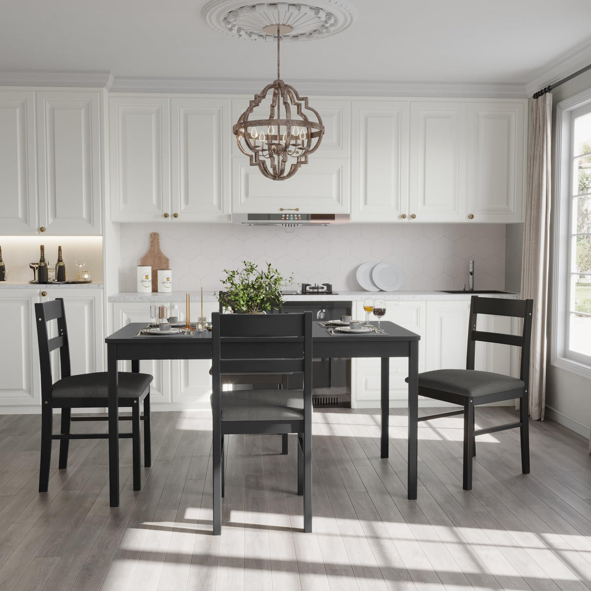 Orweiin 5-Piece Solid Wood Indoor Modern Rectangular Dining Table Set for 4,Table and 4 Chairs Set with Soft Cushions for Kitchen,Bar,Living Room,Breakfast Nook,Black Orweiin