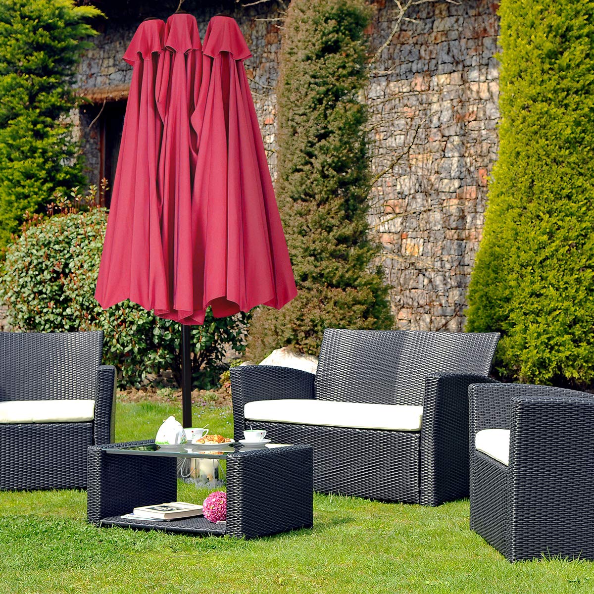 Tangkula 15 Ft Patio Umbrella Double-Sided Steel Outdoor Market Table Umbrella with Crank (Wine) Tangkula