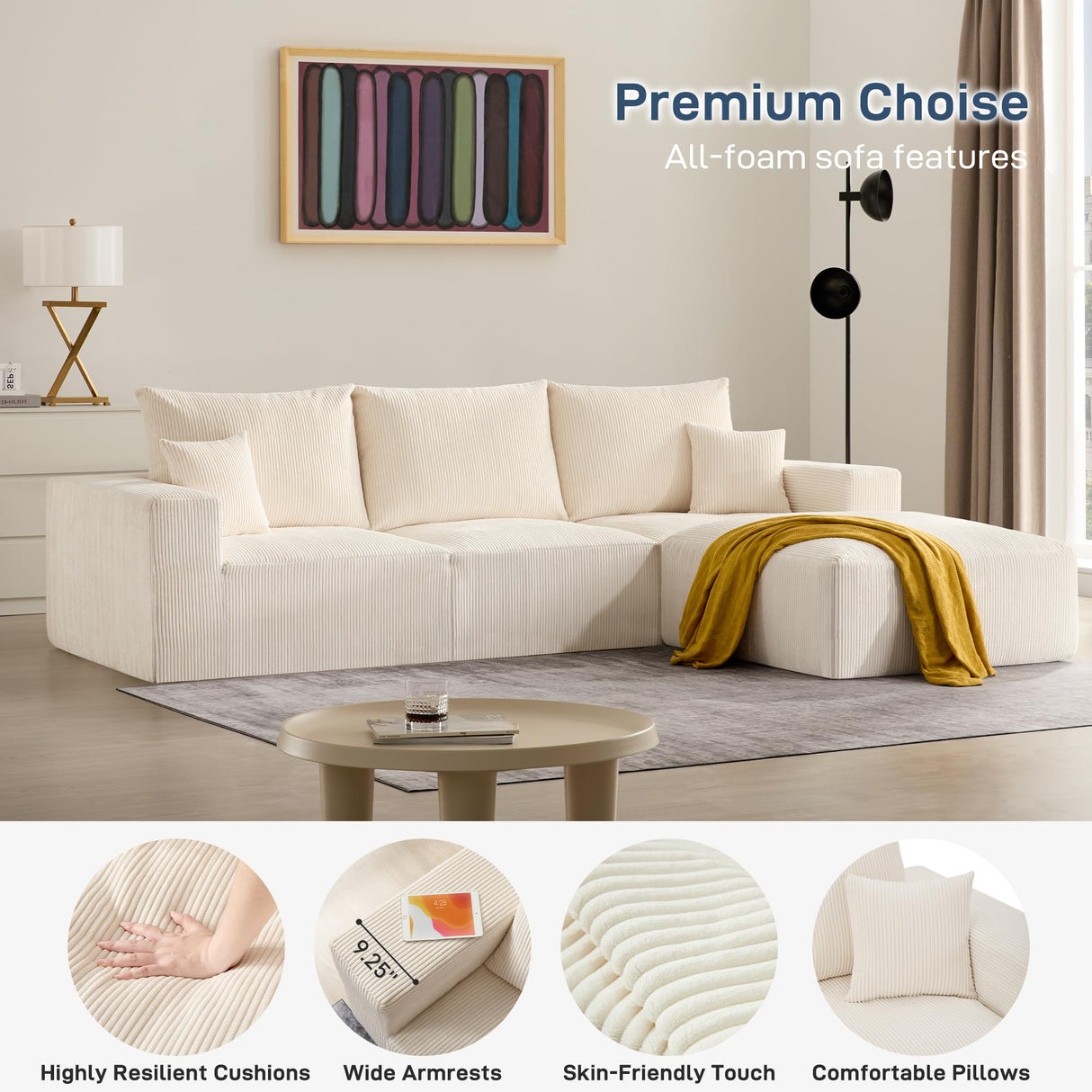 Sectional Cloud Boneless Sofa Couches for Living Room-113'' Beige 3 Seater U-Shaped Modern Lounge Couch-No Assembly Modular Corduroy Convertible Sponge Sleeper Sofas with Chaise for Home House Living&Giving