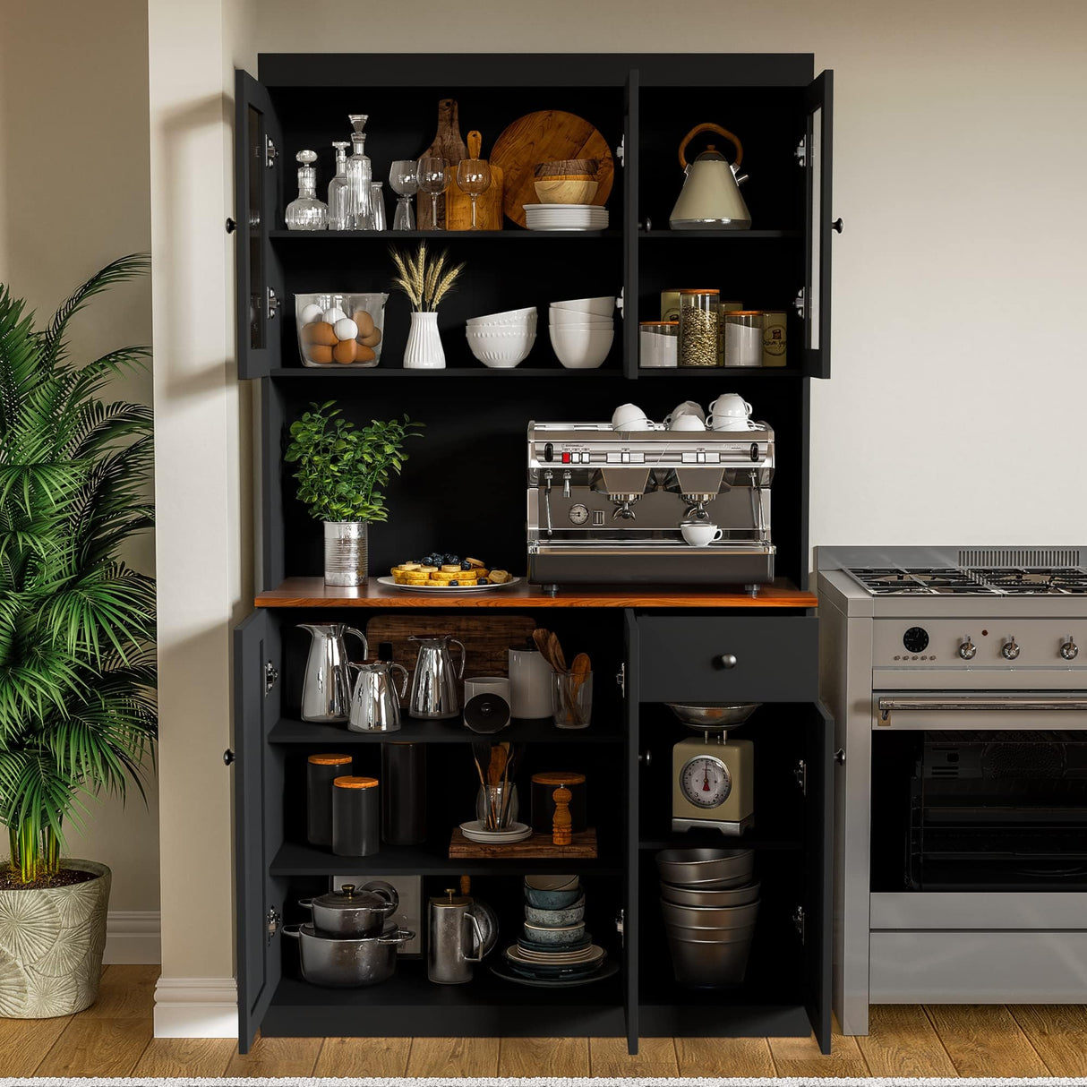 Cozy Castle Tall Kitchen Pantry Cabinet with Microwave Shelf, Modern Large Freestanding Sideboard Cupboard Kitchen Hutch Cabinet with Storage Countertop and Drawer for Dining Room, Living Room, Black Cozy Castle