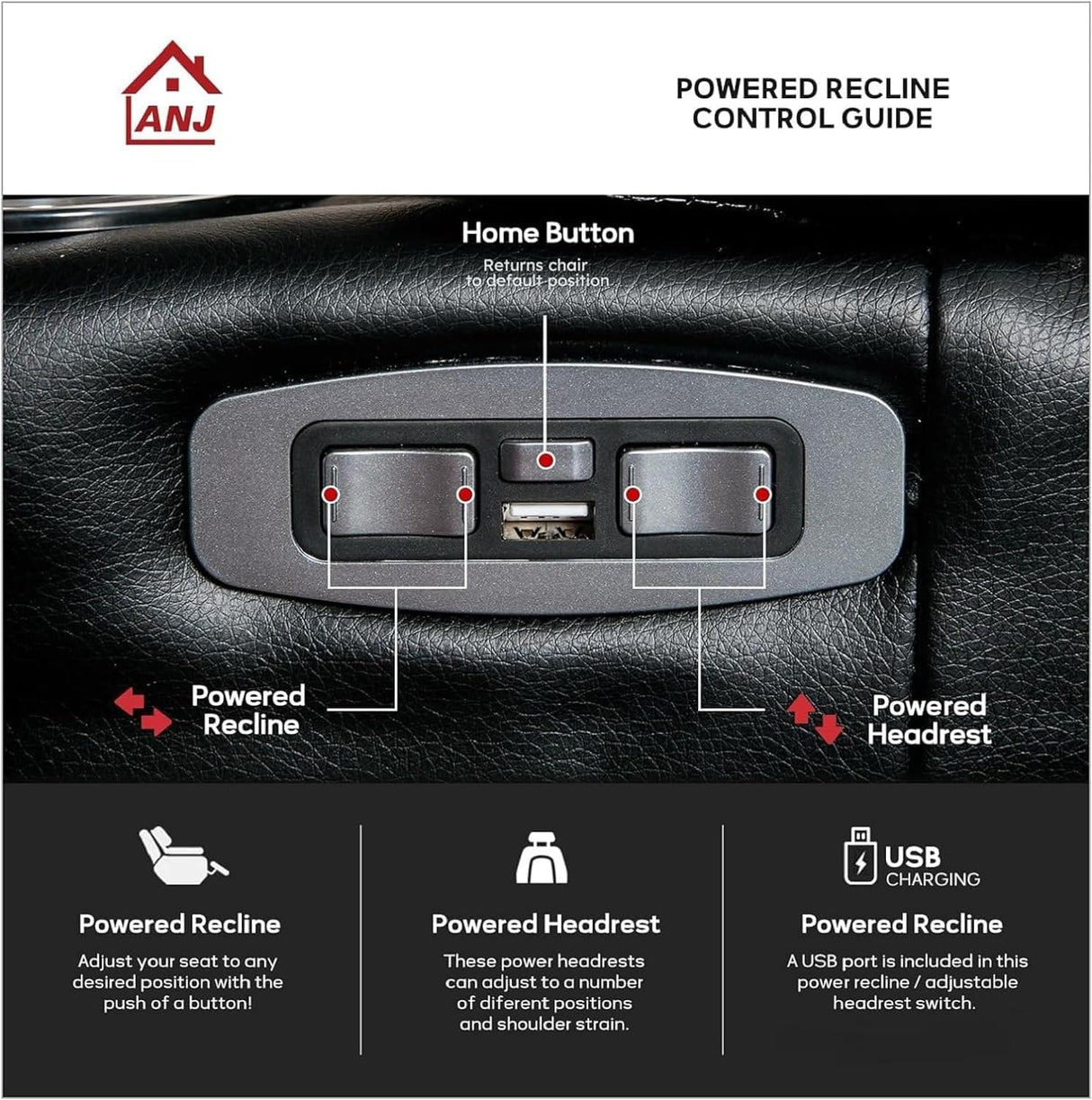 ANJ Power Recliner Chair with Adjustable Powered Headrest Set of 3,Electric Faux Leather Home Theater Seating Overstuffed Reclining Furniture & USB Ports, Cup Holders, Hidden Arm Storage (Black/Red) ANJ