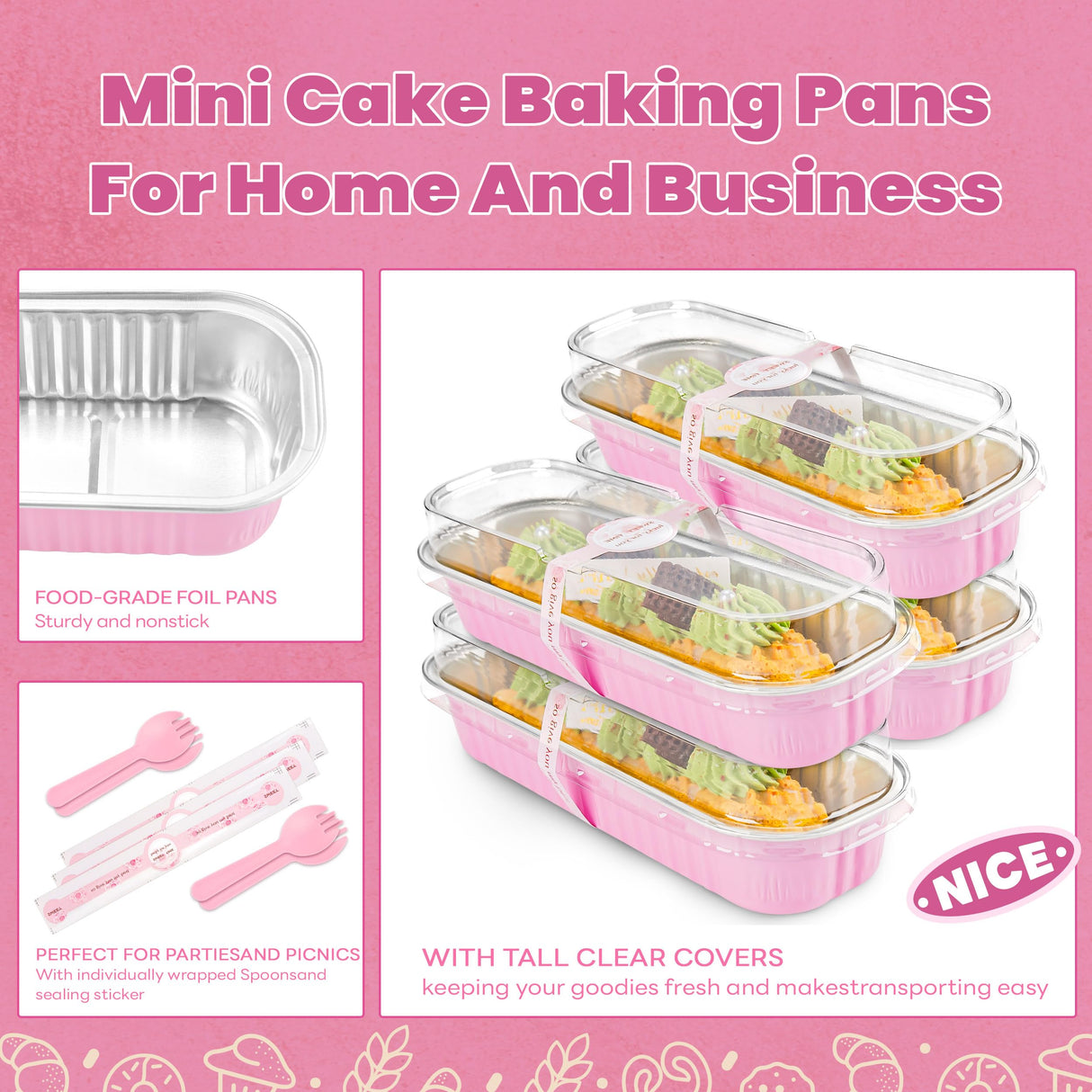 NPLUX 50 PACK Mini Cake Pans with Lids and Spoons,Rectangular Aluminum Foil Bread Pan,Mini Loaf Pans and Food Containers with Lids(Pink,6.8oz) NPLUX