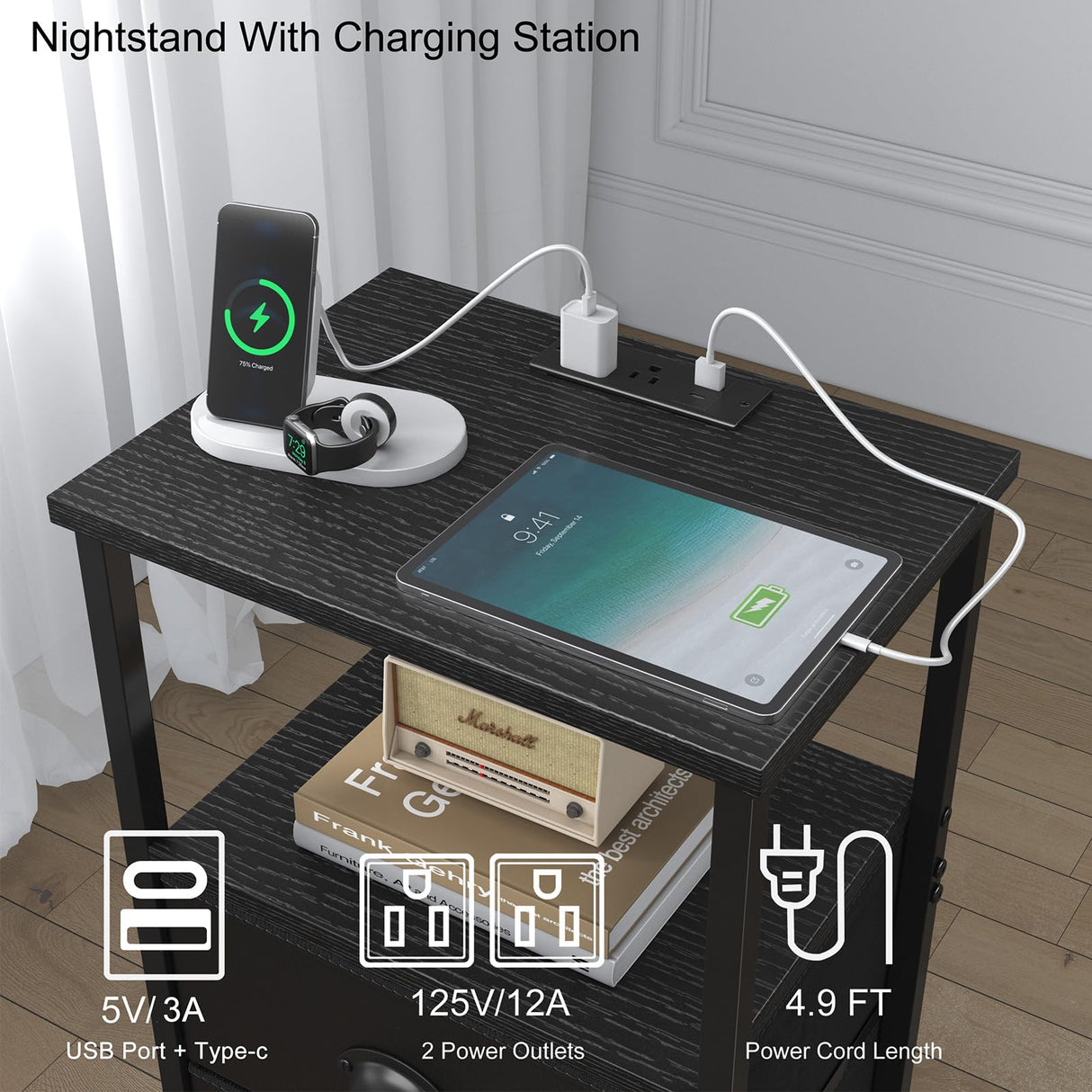 sthmec Nightstand with Charging Station, LED Night Stand Set 2, Bedside Table End Table Set of 2, Bedroom Table with 2 Fabric Drawers PU Finish, 3-Tier Storage Side Table for Bedroom,Black sthmec