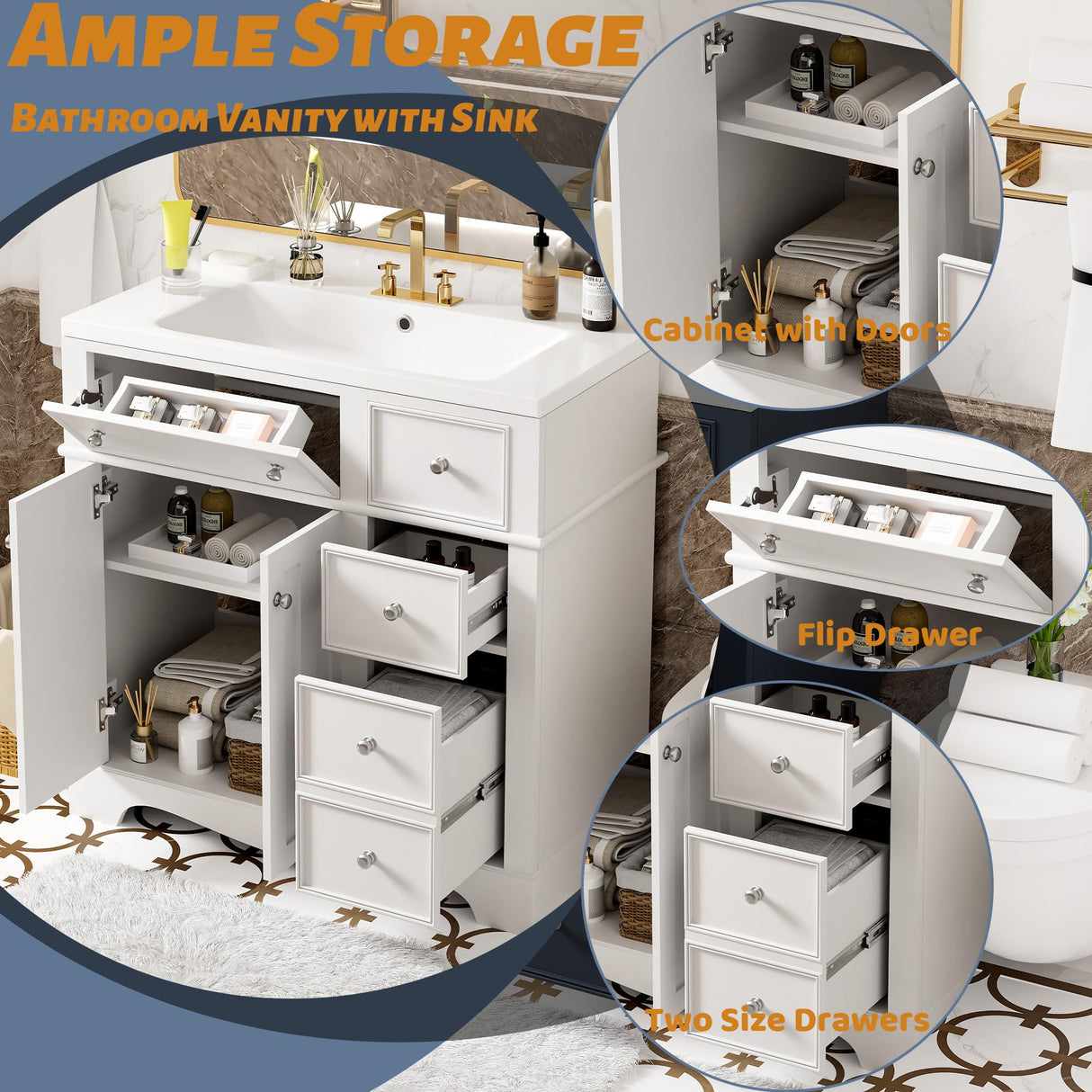 36 Inch Bathroom Vanity with Sink, Bathroom Vanities 36-Inch with Sink, Modern 36 Bathroom Sink Vanity with 2 Drawers, 1 Flip Drawer and Cabinet for Bathroom No Mirror (White) Mirightone