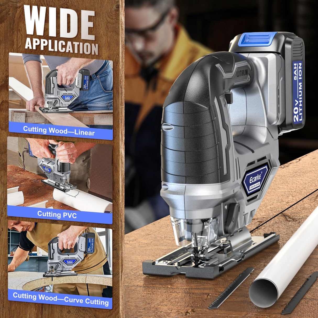 Cordless Jigsaw Tool Compatible with Dewalt 20V Battery, Variable Speed, LED Light, 0°-45° Bevel Cuts, 3-Position Orbital Action, Brushless Motor for Straight Curve Circle Cutting Ecarke