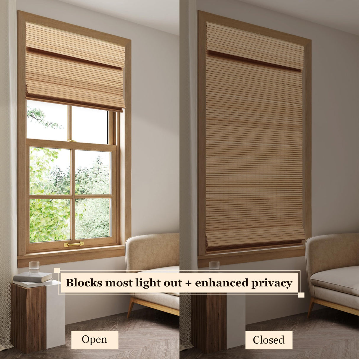 LUCKUP Cordless Bamboo Roman Blinds Shades for Indoor Windows-Blackout Room Darkening Roman Blinds with 6" Valance Cover Enhanced Privacy, 32" W x 64" H LUCKUP