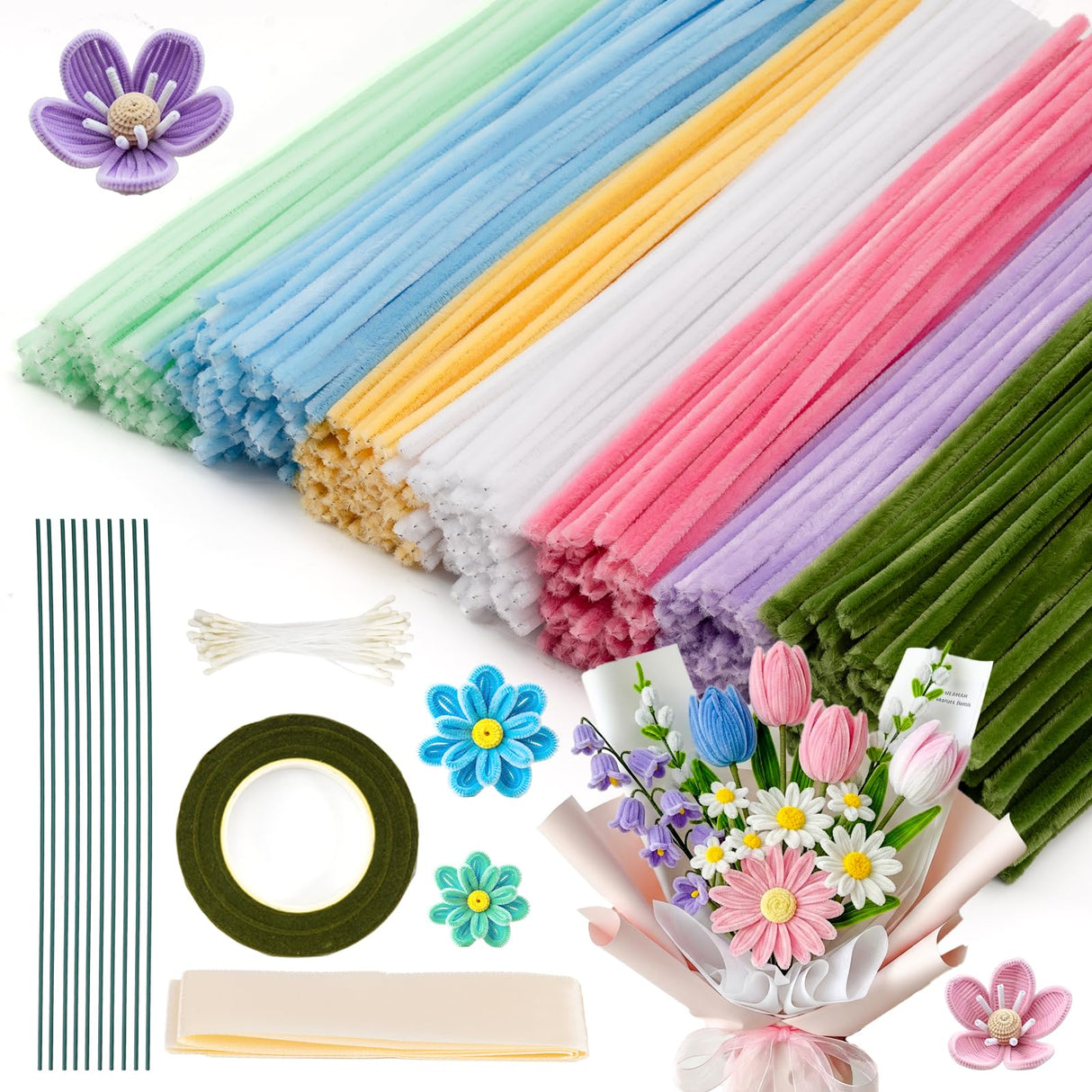 Caydo 500 Pieces Pipe Cleaners Flower Set, Chenille Stems, Pipe Cleaner Craft Supplies Bulk Fluffy Fuzzy Sticks for DIY Art Projects Creative Gift Party Decorations (Macaron) Caydo