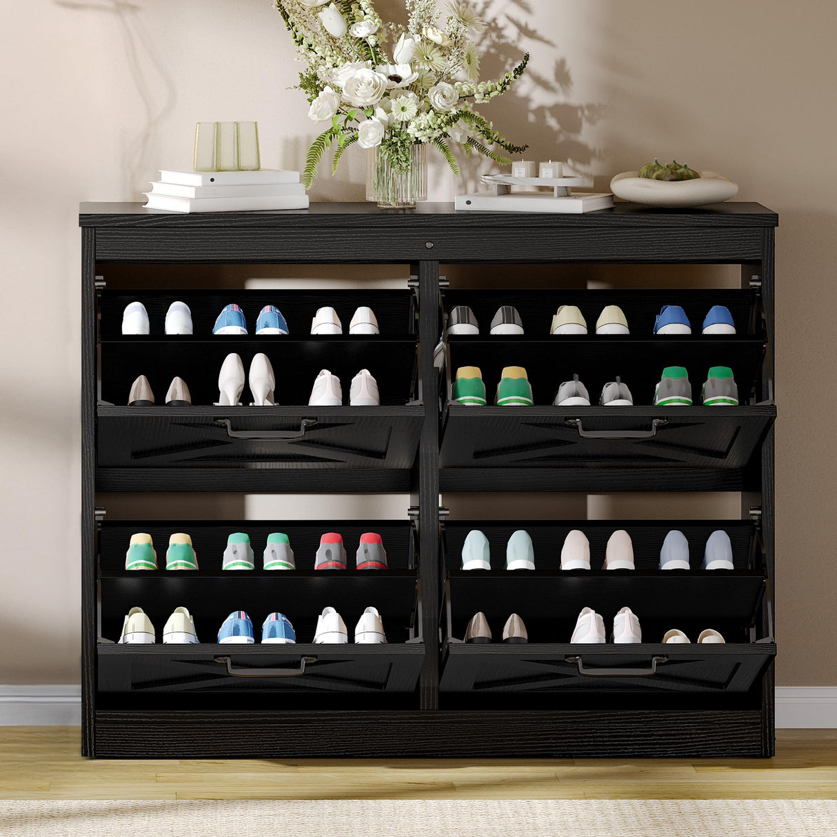 YITAHOME Shoe Cabinet with 4 Flip Drawers, Freestanding Shoe Rack, Shoe Organizer, Narrow Shoe Cabinet for EntryWay Hallway Living Room, Black YITAHOME