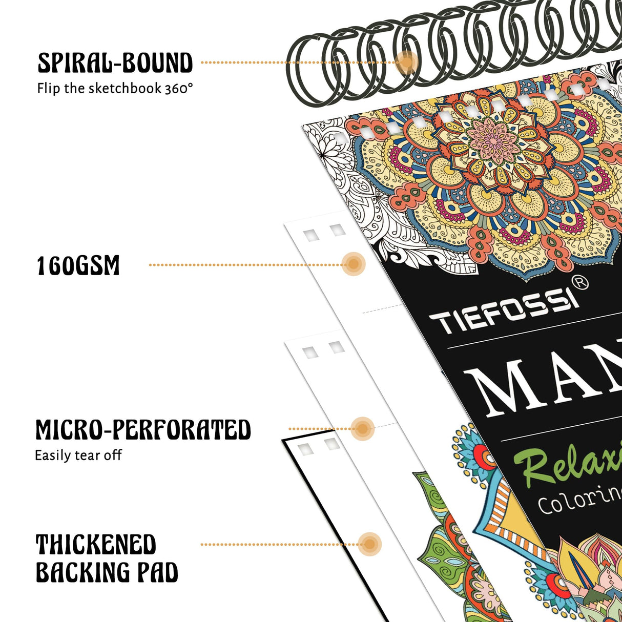 TIEFOSSI Relaxing Coloring Book, for Adults to Relax and Relieve Anxiety,160 GSM 60 Original Tearable Mandala Patterns Designs, Gift for Kids Adult TIEFOSSI