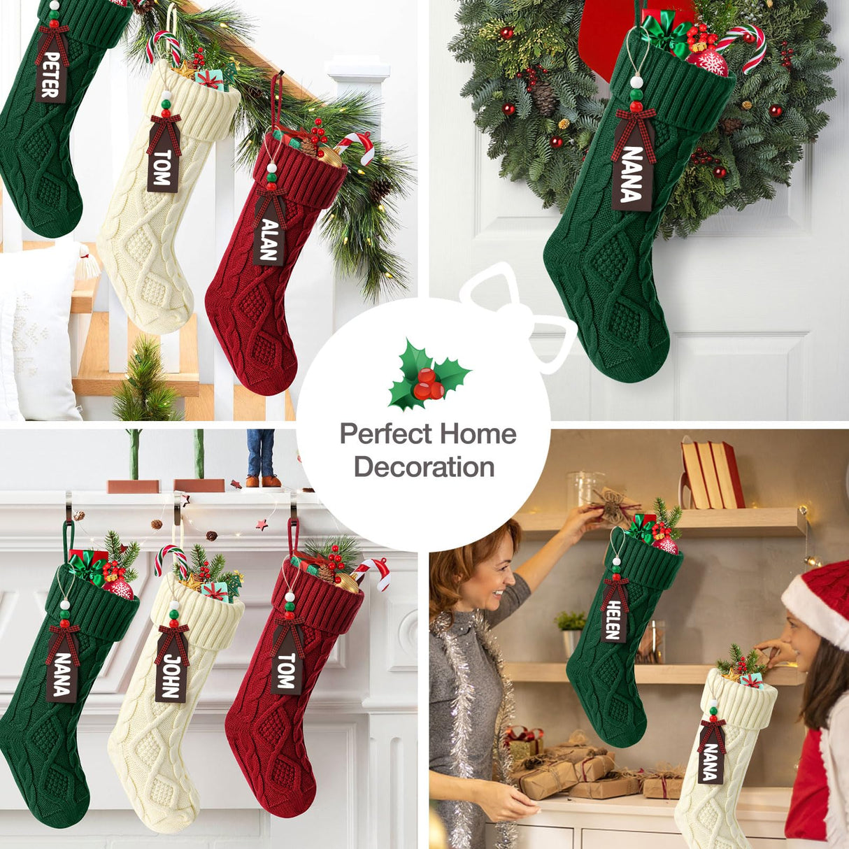 Hommtina Christmas Stockings, Personalized Christmas Stockings 18 Inches Large Size Cable Knitted Stocking Gifts (6pcs White&red&Green) Hommtina